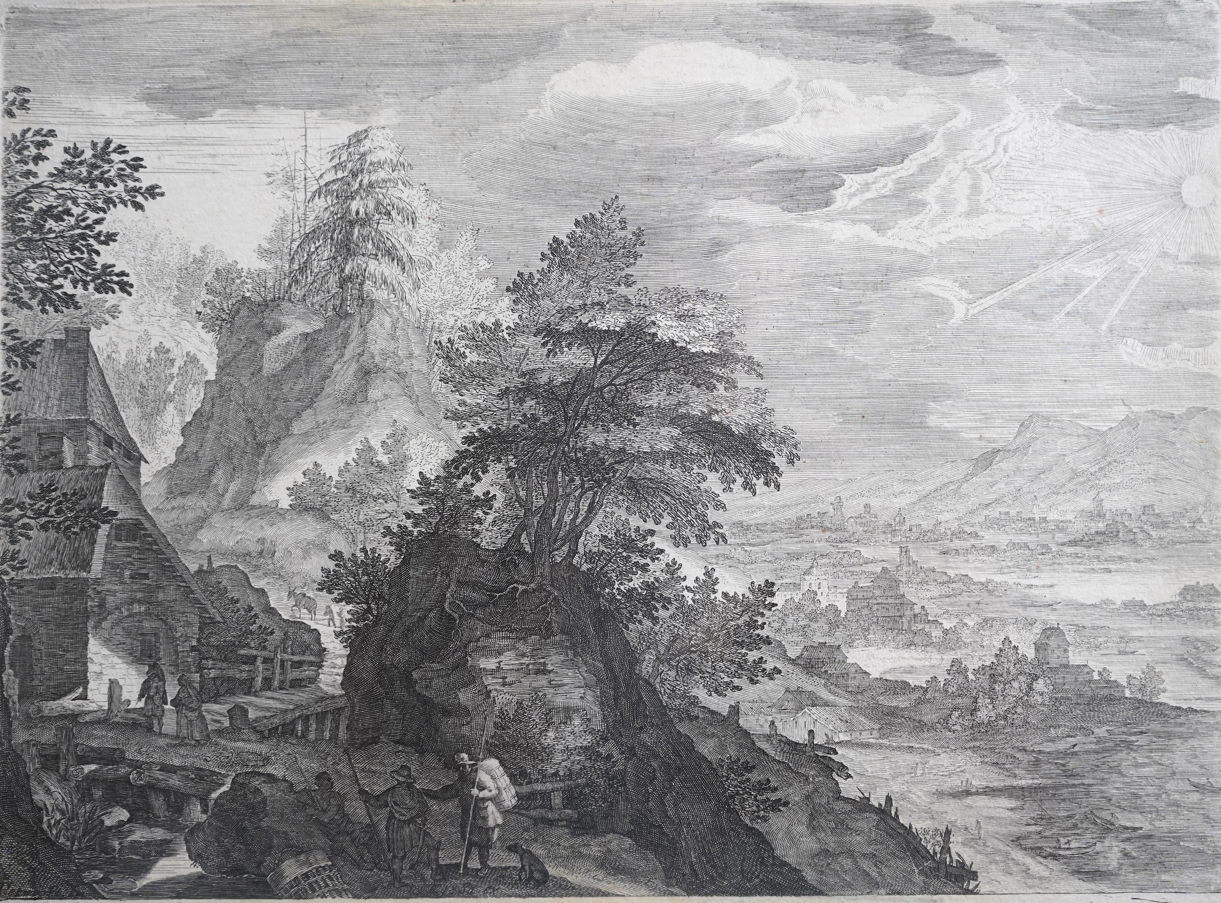 After Aegidius Sadeler the Elder, Flemish 1570–1629, 'River Landscape with Farmhouse and Pilgrims'